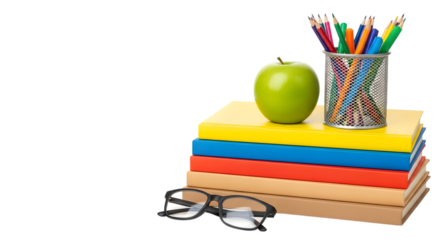 A stack of colorful books with a green apple and a pencil holder full of colored pencils, glasses in front, isolated on transparent background