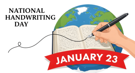National handwriting day celebrated on january 23 with a hand writing in an open book with a globe in the background, isolated on transparent background