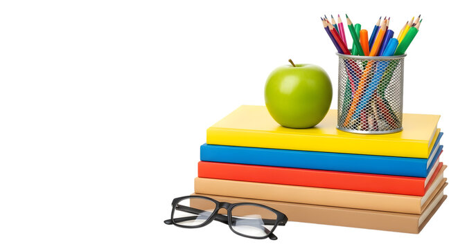 A stack of colorful books with a green apple and a pencil holder full of colored pencils, glasses in front, isolated on transparent background