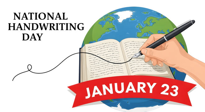 National handwriting day celebrated on january 23 with a hand writing in an open book with a globe in the background, isolated on transparent background