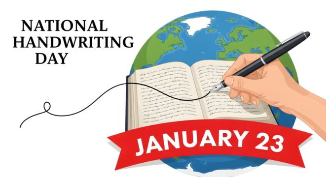 National handwriting day celebrated on january 23 with a hand writing in an open book with a globe in the background, isolated on transparent background