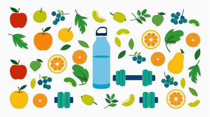 A flat lay illustration showcasing items associated with health, fitness, and nutrition. The layout features a central blue water bottle and a pair of teal dumbbells, surrounded by a colorful array 