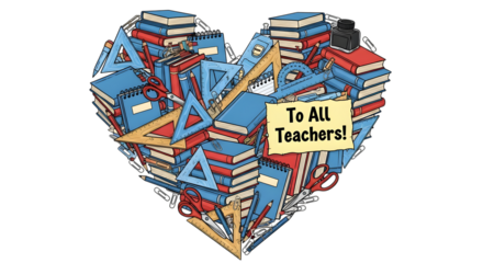 A heart shape made of books, rulers, and protractors, with a sign that says to all teachers, isolated on transparent background