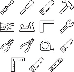 Vector monochrome line icon set about carpentry tools