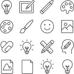Vector monochrome line icon set about creativity 
