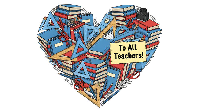 A heart shape made of books, rulers, and protractors, with a sign that says to all teachers, isolated on transparent background