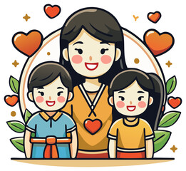 Smiling cartoon family of mom, boy and girl surrounded by hearts and leafy branches, love theme