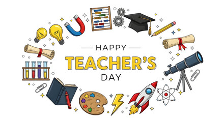 Happy teachers day illustration with educational and science symbols, isolated on transparent background