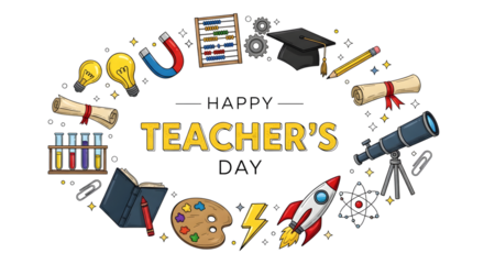 Happy teachers day illustration with educational and science symbols, isolated on transparent background