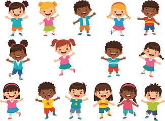 Happy diverse children cartoon characters celebrating together, kids with open arms, joyful childhood, friendship, unity, educational vector illustration design