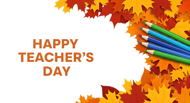 Happy teachers day text with colorful autumn leaves and pencils on a transparent background, celebrating educators and the fall season
