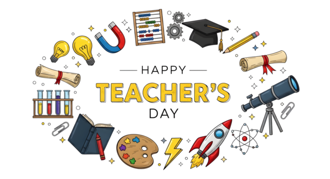Happy teachers day illustration with educational and science symbols, isolated on transparent background