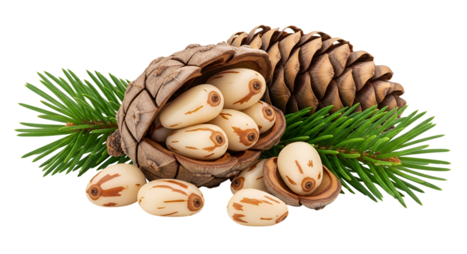 Pine nuts spilling from a pine cone with pine needles isolated on transparent background