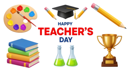 Happy teachers day celebration with school supplies, art palette, books, graduation cap, pencils, trophy, and science flasks, isolated on transparent background