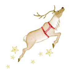 クリスマスの空を駆けるトナカイ　水彩 イラスト