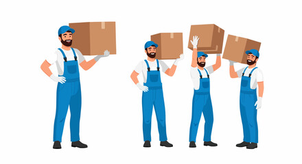 Four male movers in blue uniforms carrying cardboard boxes.