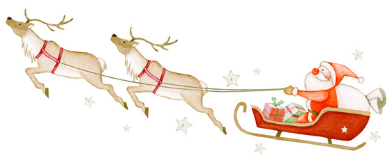 トナカイのソリに乗るサンタクロース　クリスマス　水彩 イラスト