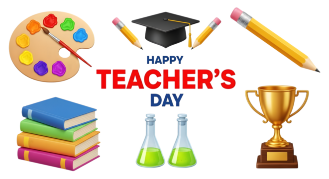 Happy teachers day celebration with school supplies, art palette, books, graduation cap, pencils, trophy, and science flasks, isolated on transparent background