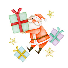 クリスマスプレゼントを配るサンタクロース　水彩 イラスト