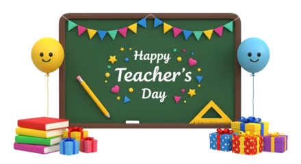 Happy teachers day celebration with balloons, books, gifts, and school supplies on a green chalkboard background, isolated on transparent background