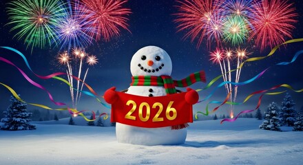 Joyful Snowman Celebrating New Year 2026 With Fireworks and Colorful Ribbons Winter Scene