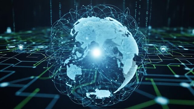 Global connection illustrated by digital earth and cyberspace network with lock icons - Powered by Adobe