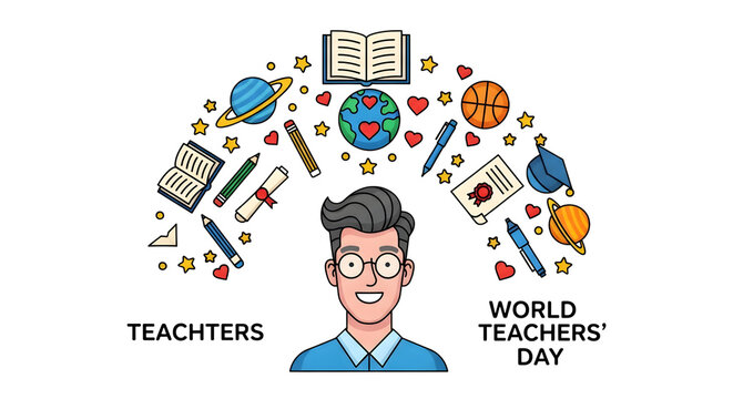 Illustration celebrating world teachers day with a smiling teacher surrounded by educational symbols and planets, isolated on transparent background