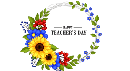 Happy teachers day wreath with sunflowers, blue flowers, and red berries, isolated on transparent background