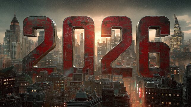 The number 2026 written in large red metal letters against a background of an abandoned city with ruined skyscrapers covered in dust and rain creating desolation - Powered by Adobe
