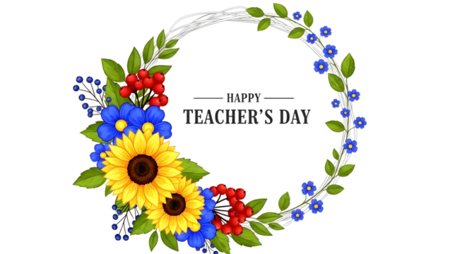 Happy teachers day wreath with sunflowers, blue flowers, and red berries, isolated on transparent background - Powered by Adobe