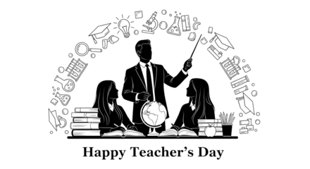 Happy teachers day illustration with a teacher and two students, surrounded by educational symbols, isolated on transparent background
