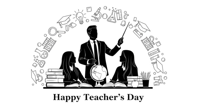 Happy teachers day illustration with a teacher and two students, surrounded by educational symbols, isolated on transparent background