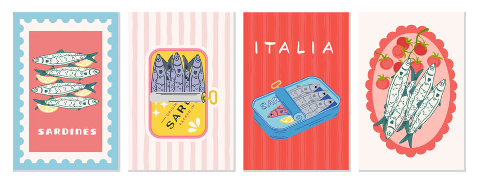 A set of minimalist sardine posters. More pasta, please. Italian cuisine in retro style. Posters for the kitchen, cafe, background, or wall art. Vector illustration