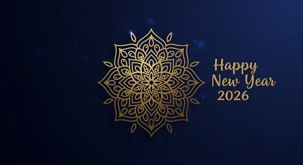 Celebrate a dazzling Happy New Year 2026 with elegant gold mandala design on deep blue background