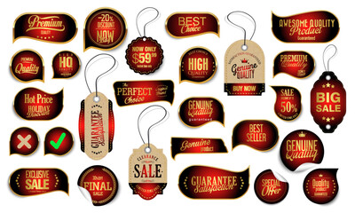 Golden luxury labels and banners, gold badge vector .premium quality certificate seal ribbons, Shield, VIP, super quality sticker tags and banners for best product seals, top no ,Black Friday sale tag