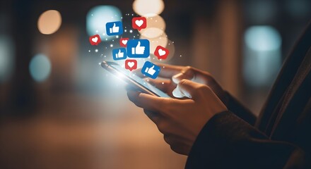 Person using smartphone with floating social media like and heart icons, digital communication concept