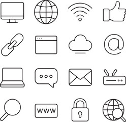 Vector monochrome line icon set about internet