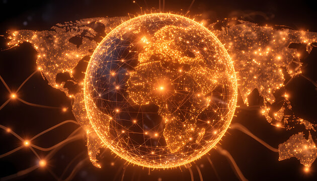 Global connectivity with luminous digital network spreading across continents, showcasing worldwide communication and technological advancement, a modern future