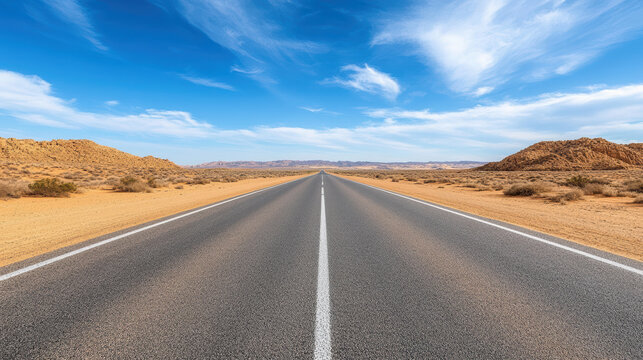 Open highway leading into desert landscape under blue sky with wispy clouds evoking freedom