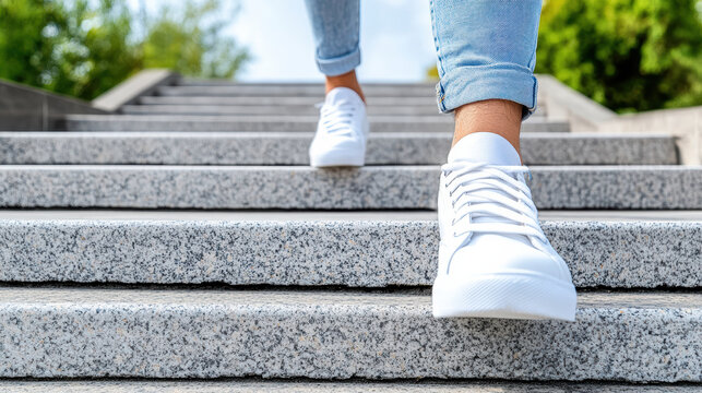 White sneaker shoe step on stone stair with casual denim pant, urban movement and relaxed mood
