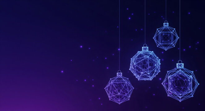 Geometric wireframe Christmas ornaments with glowing indigo and violet-blue nodes floating on the right third of the frame.