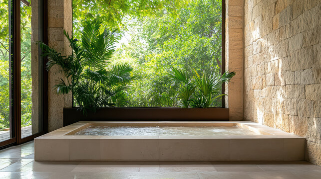 Luxury outdoor stone mineral bath with lush green view and relaxing mood - Powered by Adobe