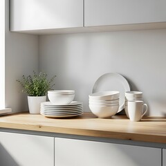 White ceramic tea cups and saucers on a kitchen table