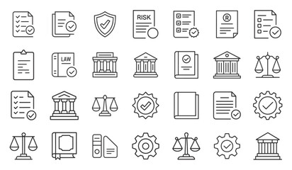 Collection of hand drawn outline icons representing law justice legal documents and courtroom symbols
