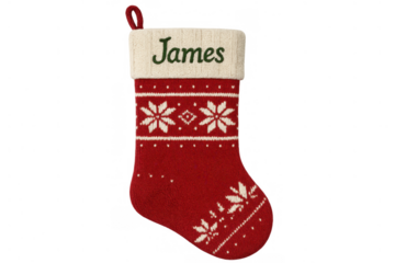 Christmas stocking personalized with name james, red knitted design, holiday decoration, festive winter tradition