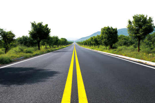 Empty Asphalt Road with Double Yellow Lines Leading Towards a Distant Horizon Lined with Trees and Hills, Isolated On White Background, Png Transparent
