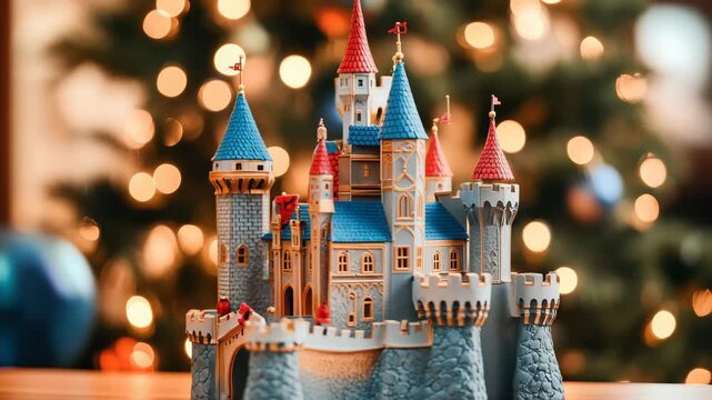 A detailed miniature castle featuring colorful turrets sits elegantly on a surface. The background is filled with warm, soft lights, creating a cozy holiday atmosphere.