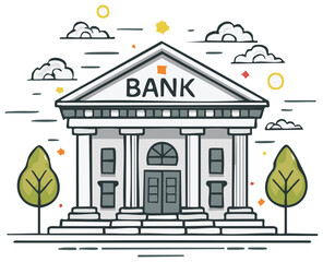 Obraz premium Stylized Bank Building Facade with Clouds and Trees Cartoon Style Design