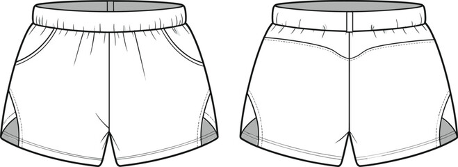 Women athletic shorts fashion design, technical flat sketch, CAD drawing vector illustration, sportswear apparel template, clothing mockup, activewear garment construction details