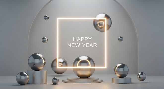 Happy new year greeting with glowing neon square frame and metallic spheres on a pedestal, elegant celebration background